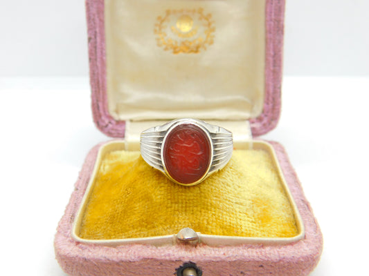 Arabic Sterling Silver & Carved Carnelian Intaglio Signet Ring Vintage c1960