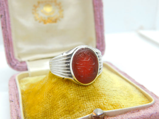 Arabic Sterling Silver & Carved Carnelian Intaglio Signet Ring Vintage c1960