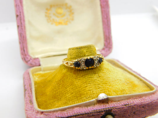 9ct Gold, Sapphire & Diamond Victorian Style Boat Ring 1982 Birmingham Vintage