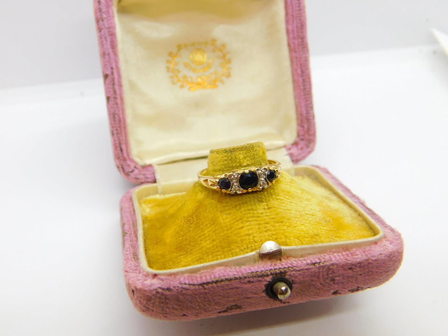 9ct Gold, Sapphire & Diamond Victorian Style Boat Ring 1982 Birmingham Vintage