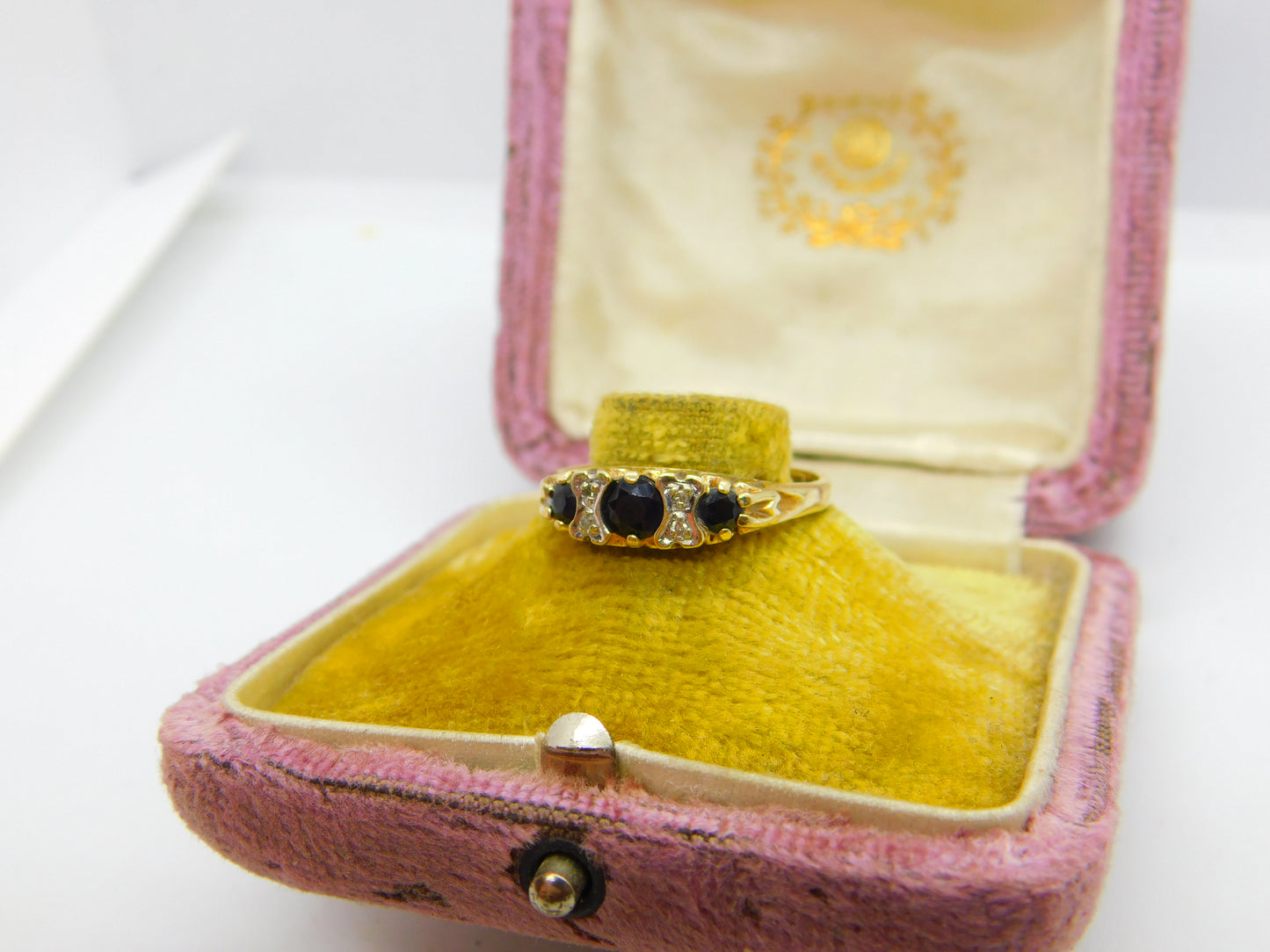 9ct Gold, Sapphire & Diamond Victorian Style Boat Ring 1982 Birmingham Vintage