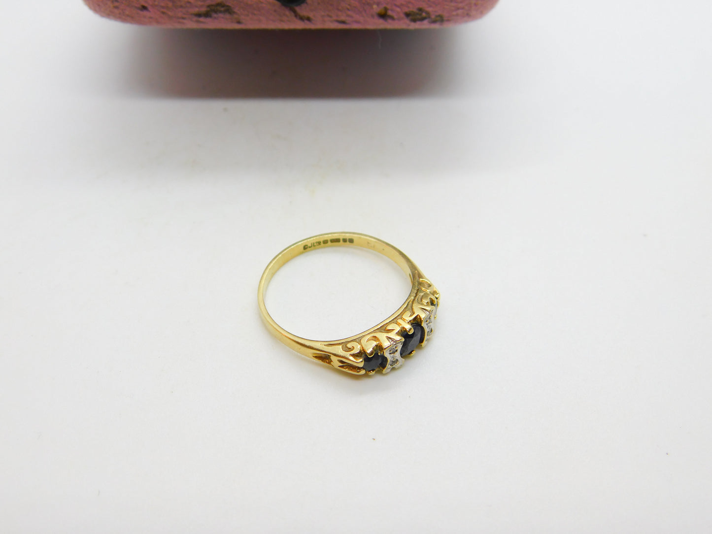 9ct Gold, Sapphire & Diamond Victorian Style Boat Ring 1982 Birmingham Vintage