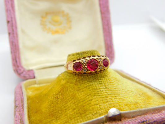 Victorian 9ct Gold, Ruby & Diamond Boat Ring Antique c1890 Chester