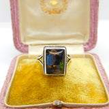 Sterling Silver & Butterfly Wing Bird Scene Dress Ring Antique c1920 Art Deco