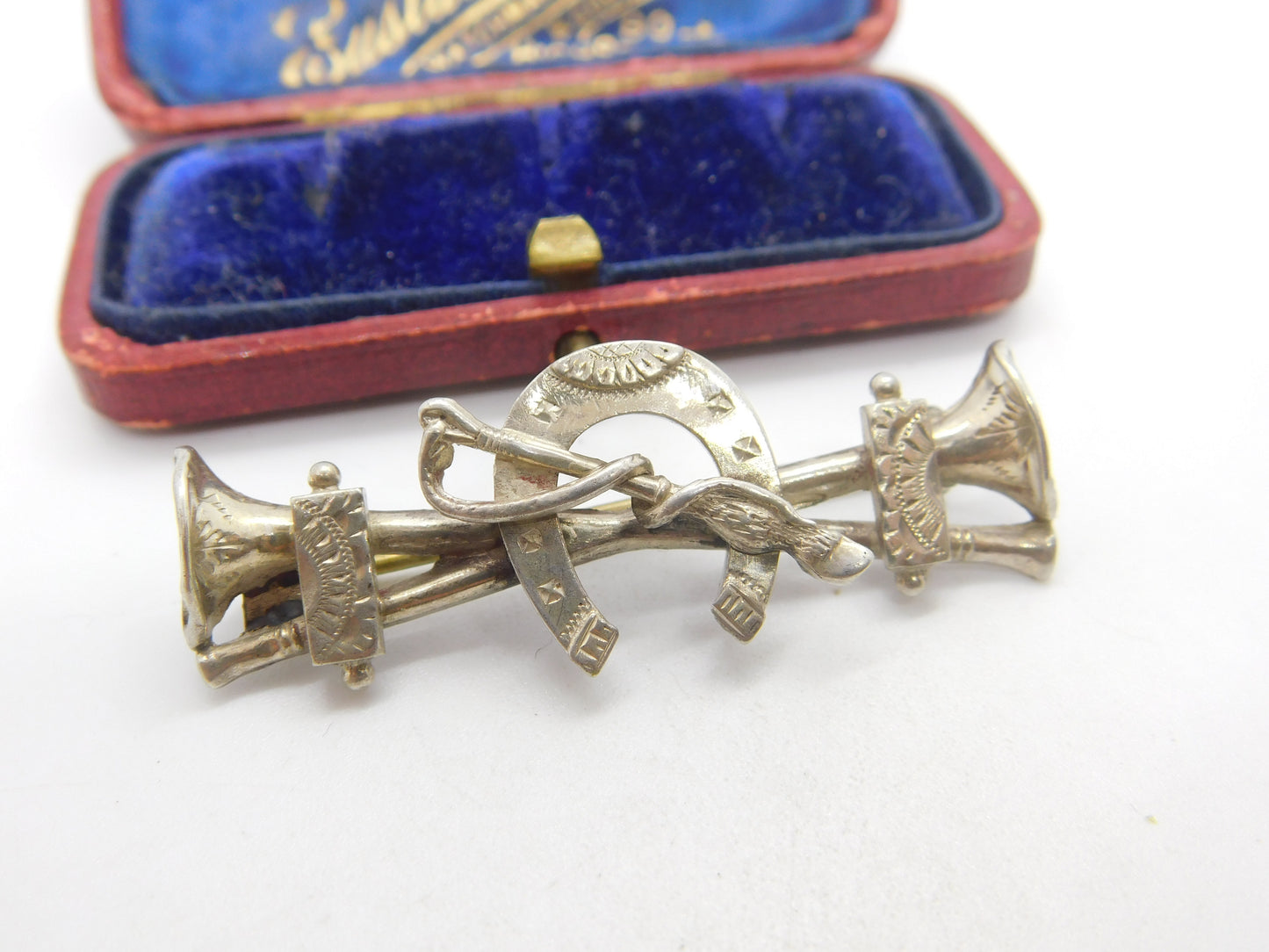 Victorian Sterling Silver Crop, Horn & Horseshoe Brooch 1890 Birmingham