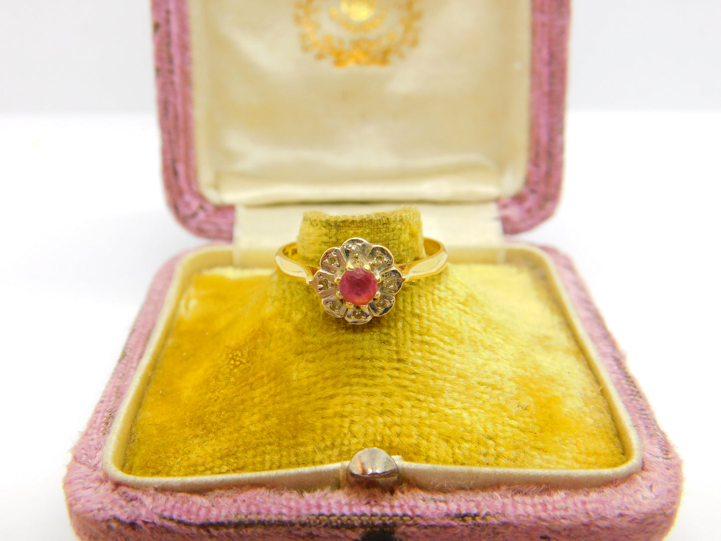 18ct Yellow Gold, Ruby & Diamond Floral Cluster Ring 1953 Birmingham Vintage