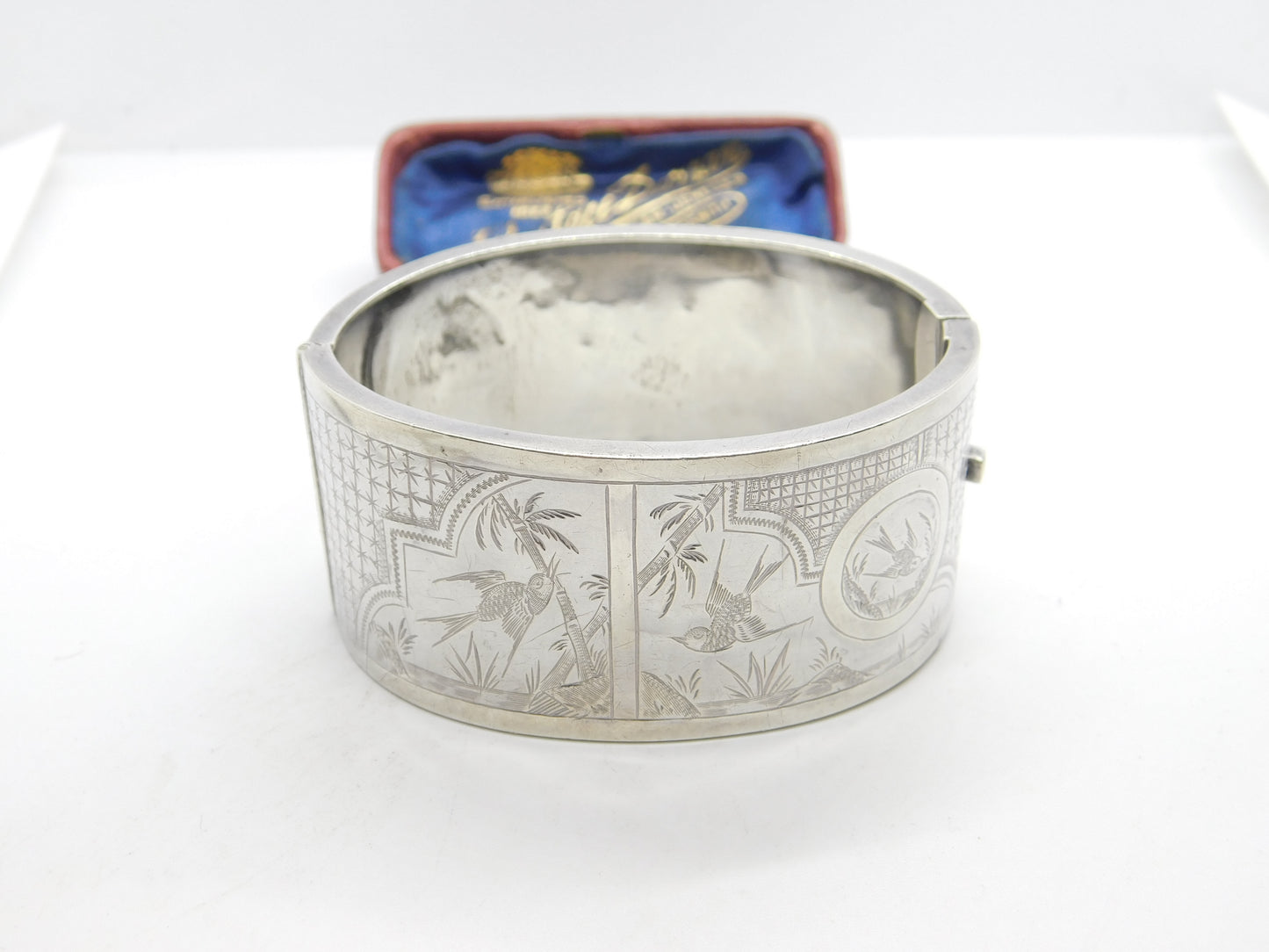 Victorian Aesthetic Movement Swallow & Floral Pattern Cuff Bangle c1890 Antique