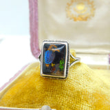 Sterling Silver & Butterfly Wing Bird Scene Dress Ring Antique c1920 Art Deco