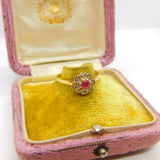 18ct Yellow Gold, Ruby & Diamond Floral Cluster Ring 1953 Birmingham Vintage