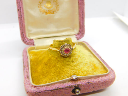 18ct Yellow Gold, Ruby & Diamond Floral Cluster Ring 1953 Birmingham Vintage