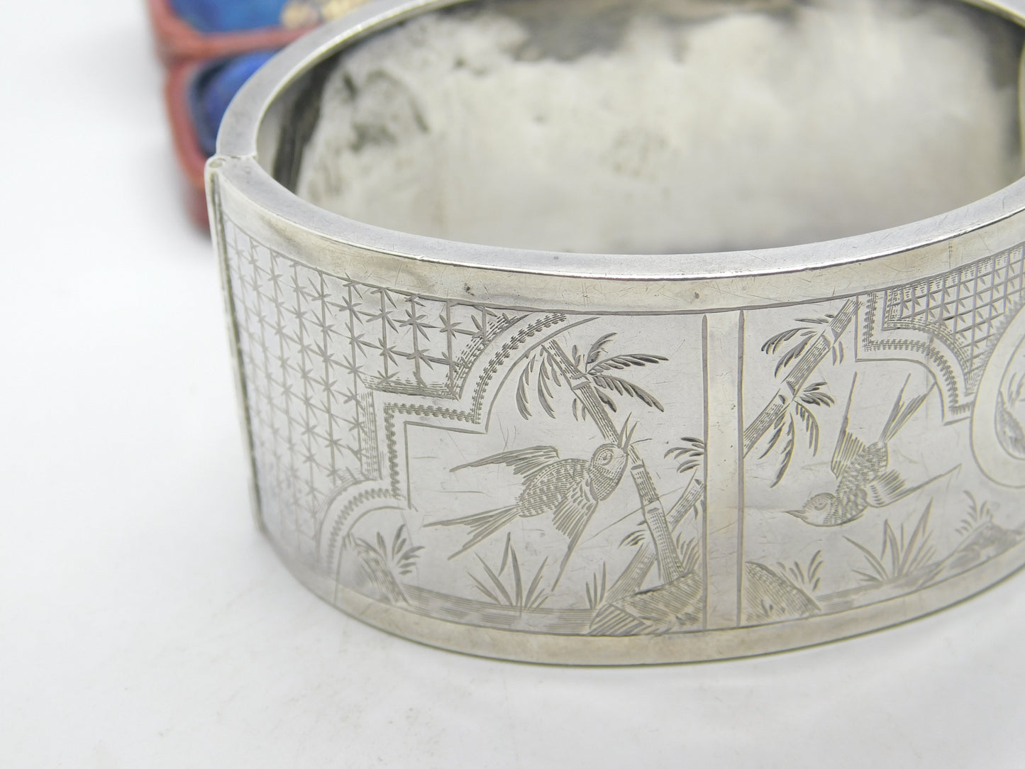 Victorian Aesthetic Movement Swallow & Floral Pattern Cuff Bangle c1890 Antique