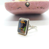 Sterling Silver & Butterfly Wing Bird Scene Dress Ring Antique c1920 Art Deco