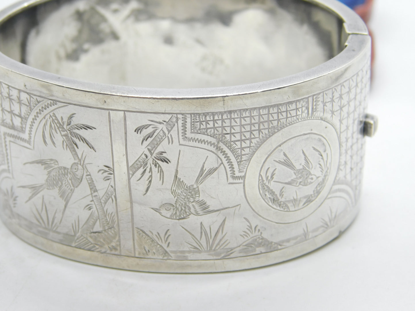 Victorian Aesthetic Movement Swallow & Floral Pattern Cuff Bangle c1890 Antique