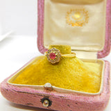 18ct Yellow Gold, Ruby & Diamond Floral Cluster Ring 1953 Birmingham Vintage