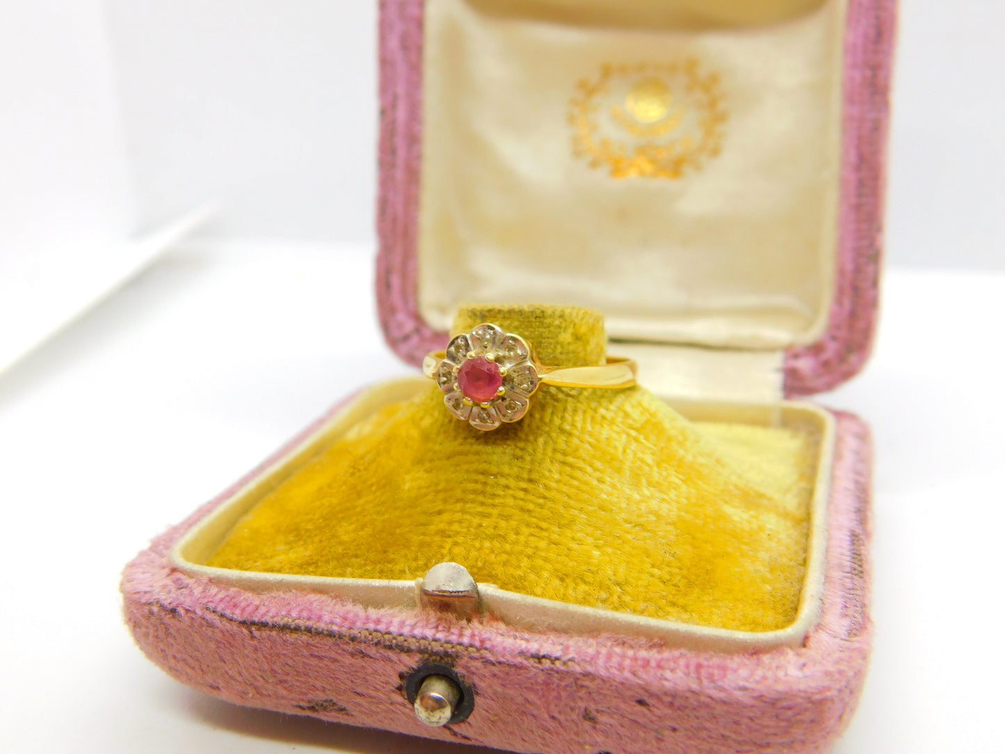 18ct Yellow Gold, Ruby & Diamond Floral Cluster Ring 1953 Birmingham Vintage