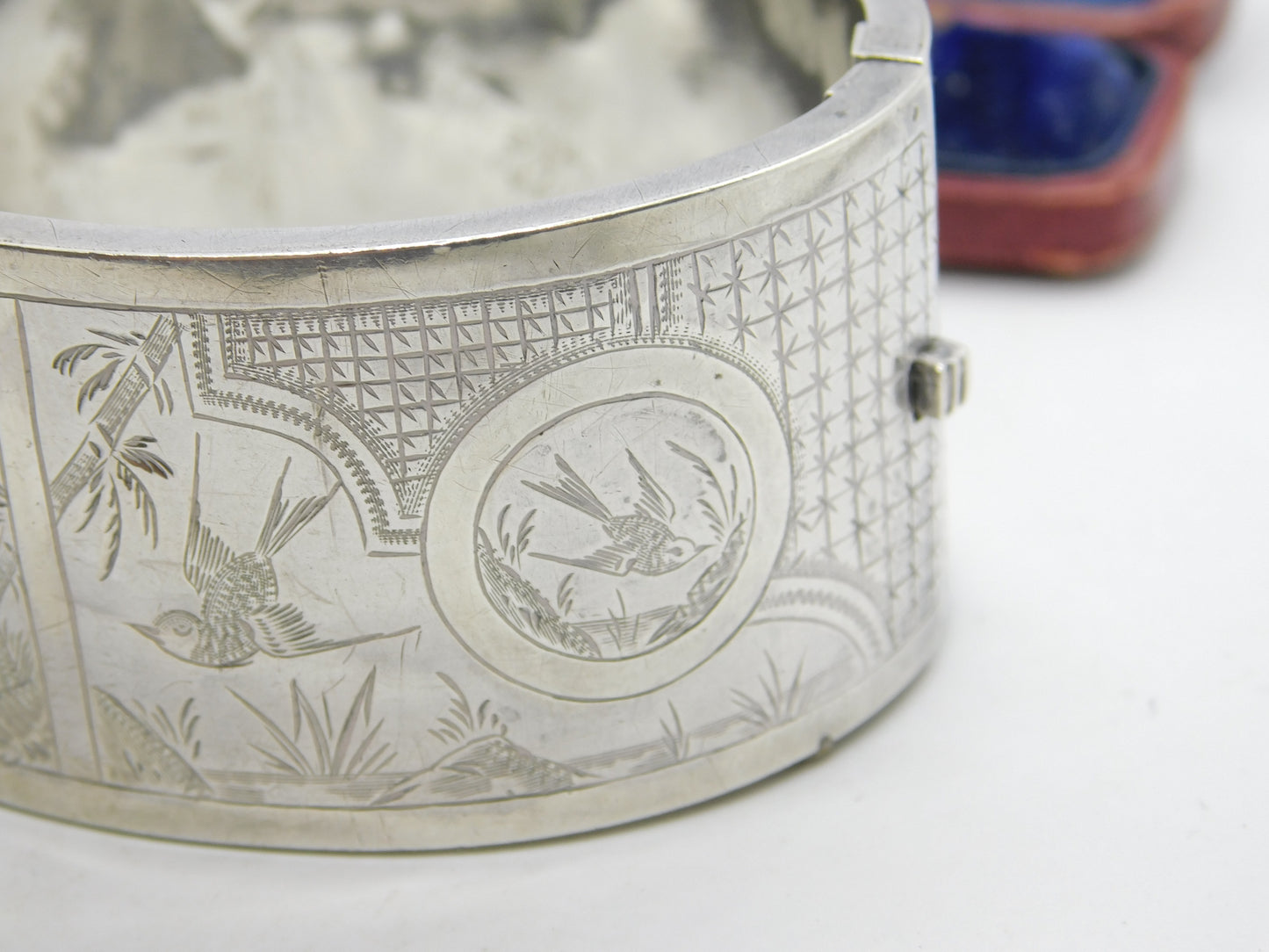 Victorian Aesthetic Movement Swallow & Floral Pattern Cuff Bangle c1890 Antique