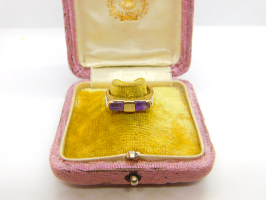 9ct Yellow Gold Modernist Baguette Cut Amethyst Ring 1989 Edinburgh Vintage