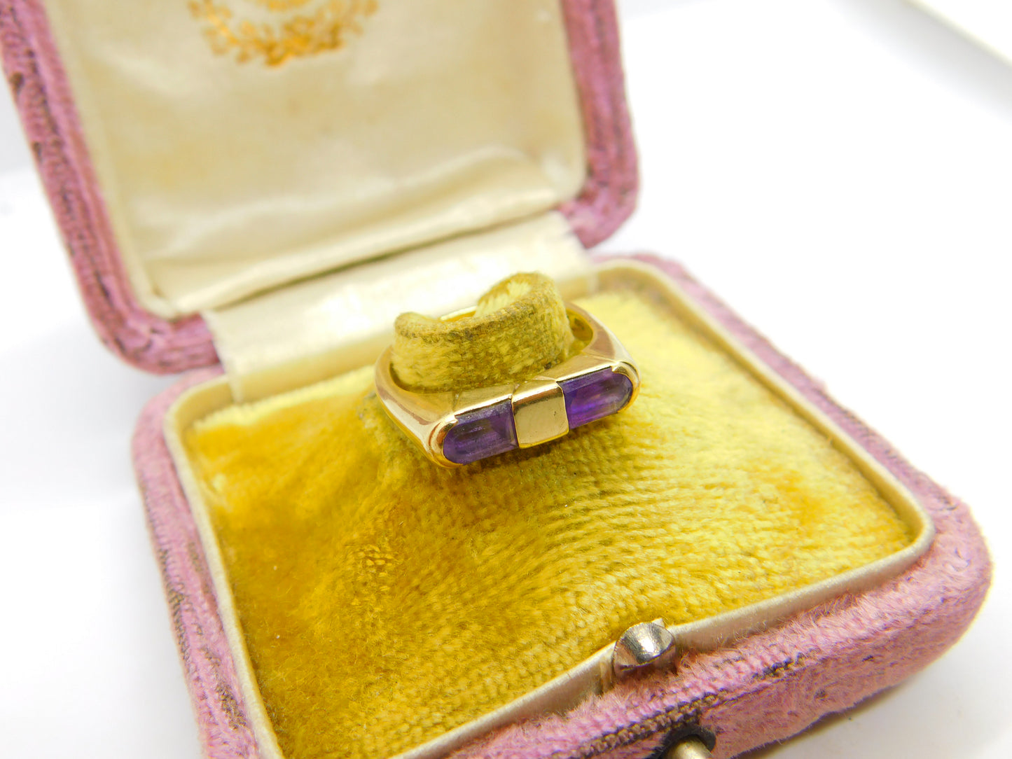 9ct Yellow Gold Modernist Baguette Cut Amethyst Ring 1989 Edinburgh Vintage