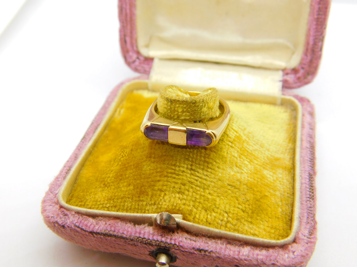 9ct Yellow Gold Modernist Baguette Cut Amethyst Ring 1989 Edinburgh Vintage