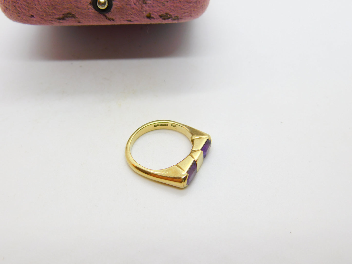 9ct Yellow Gold Modernist Baguette Cut Amethyst Ring 1989 Edinburgh Vintage