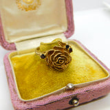 9ct Yellow Gold Rose Flower Band Ring with Garnets Vintage 1972 London