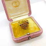 9ct Yellow Gold Rose Flower Band Ring with Garnets Vintage 1972 London