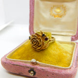 9ct Yellow Gold Rose Flower Band Ring with Garnets Vintage 1972 London