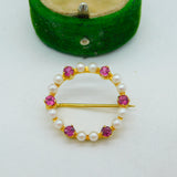 9ct Yellow Gold, Ruby & Pearl Wreath Brooch Vintage 1983 Birmingham