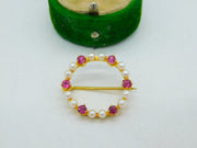 9ct Yellow Gold, Ruby & Pearl Wreath Brooch Vintage 1983 Birmingham