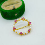 9ct Yellow Gold, Ruby & Pearl Wreath Brooch Vintage 1983 Birmingham