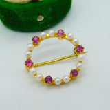 9ct Yellow Gold, Ruby & Pearl Wreath Brooch Vintage 1983 Birmingham