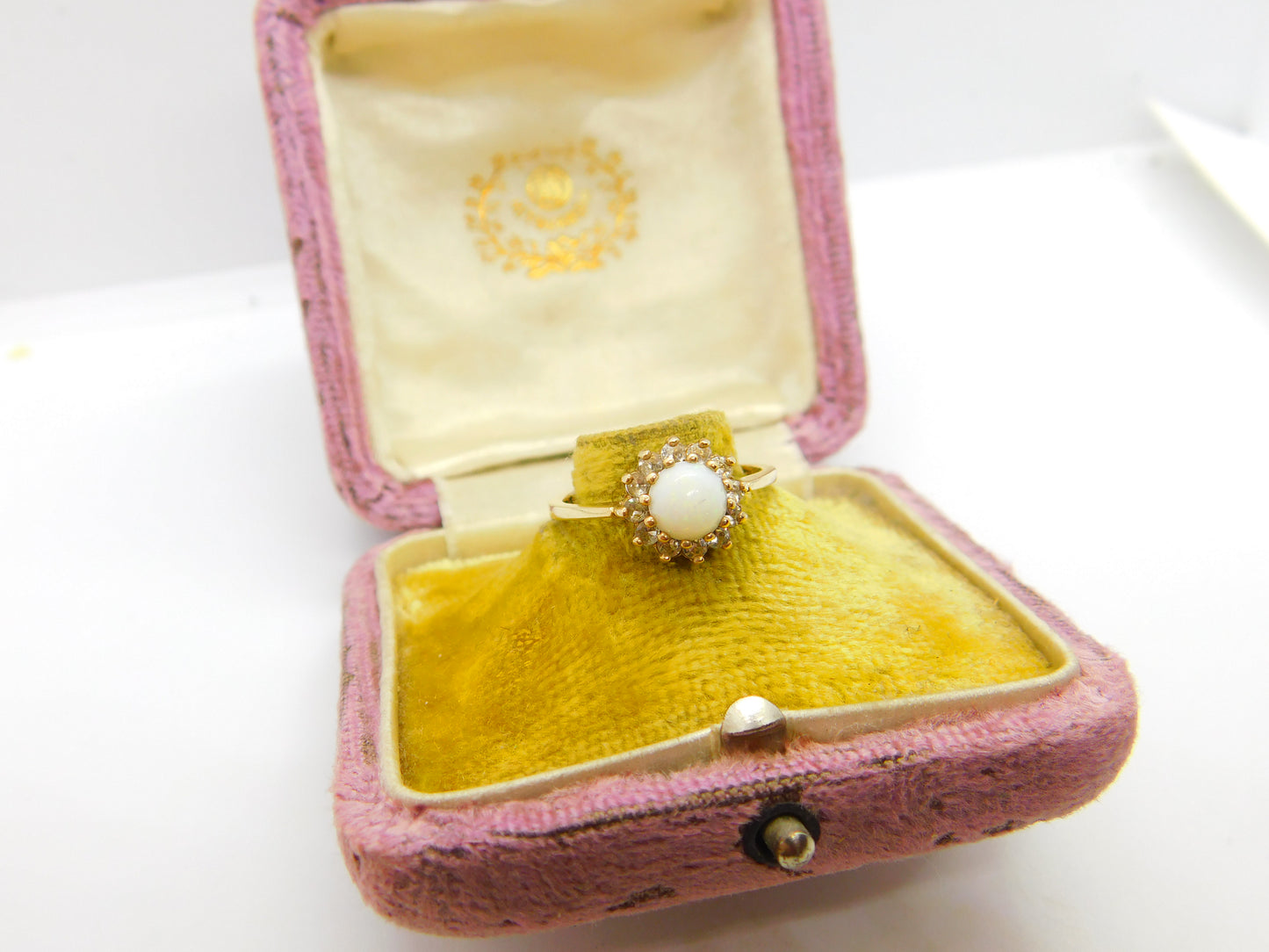 9ct Yellow Gold, Opal & White Topaz Floral Cluster Ring 1967 London Vintage