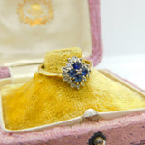 18ct Yellow Gold, Sapphire & Diamond Floral Cluster Ring Vintage 1987 Birmingham