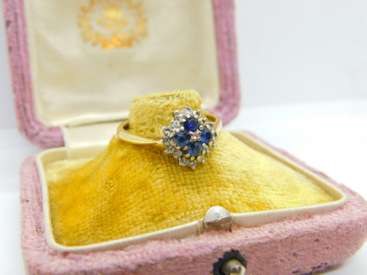 18ct Yellow Gold, Sapphire & Diamond Floral Cluster Ring Vintage 1987 Birmingham