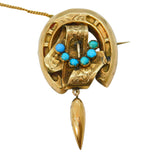 Victorian 9ct Yellow Gold, Turquoise Horseshoe Etruscan Style Brooch Antique c1860