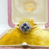 18ct Yellow Gold, Sapphire & Diamond Floral Cluster Ring Vintage 1987 Birmingham