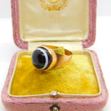 Georgian 12ct Gold Bulls Eye Agate Mourning Ring 'Charles Williams Ob. 1799, Aged 84' Antique