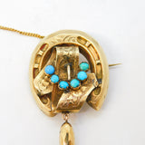 Victorian 9ct Yellow Gold, Turquoise Horseshoe Etruscan Style Brooch Antique c1860