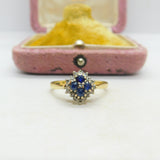 18ct Yellow Gold, Sapphire & Diamond Floral Cluster Ring Vintage 1987 Birmingham