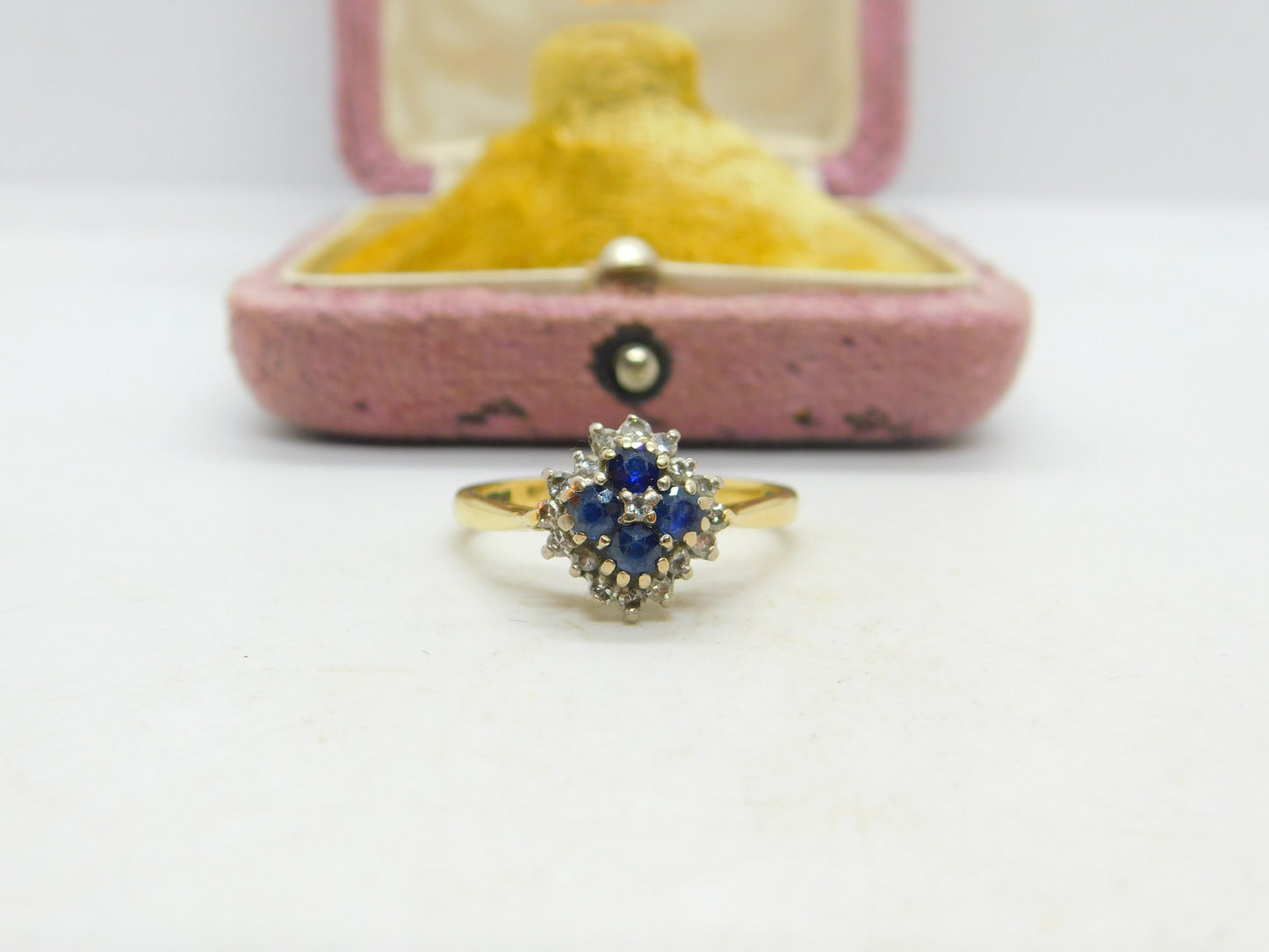 18ct Yellow Gold, Sapphire & Diamond Floral Cluster Ring Vintage 1987 Birmingham