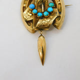 Victorian 9ct Yellow Gold, Turquoise Horseshoe Etruscan Style Brooch Antique c1860