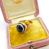 Georgian 12ct Gold Bulls Eye Agate Mourning Ring 'Charles Williams Ob. 1799, Aged 84' Antique