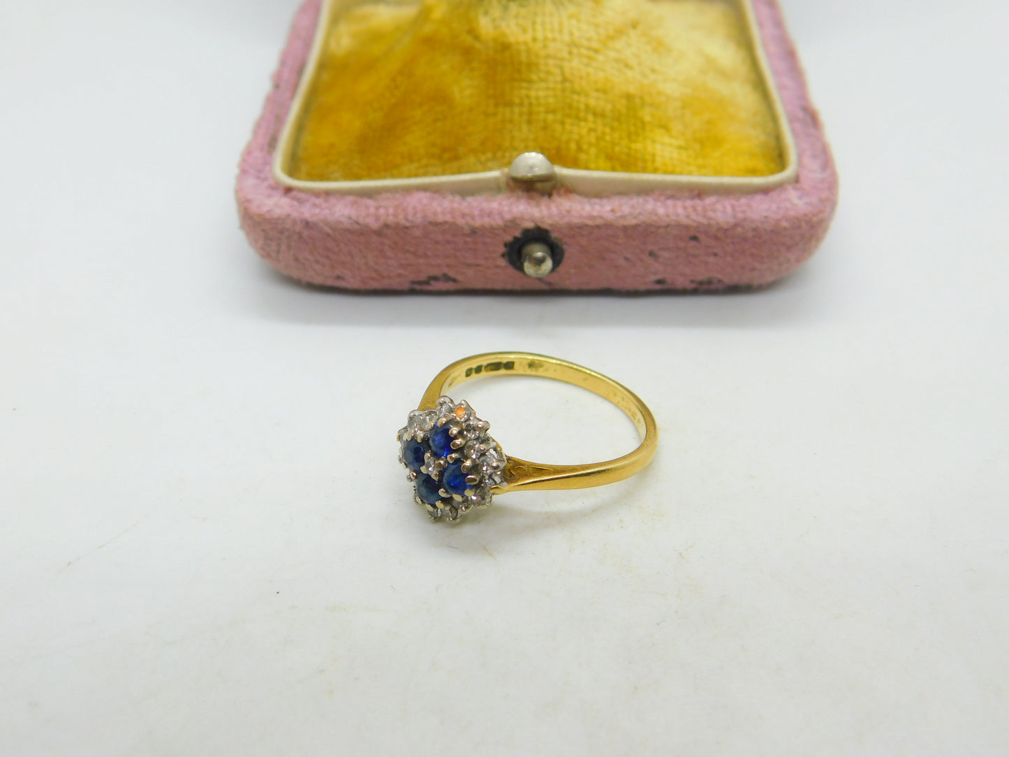 18ct Yellow Gold, Sapphire & Diamond Floral Cluster Ring Vintage 1987 Birmingham