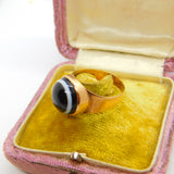 Georgian 12ct Gold Bulls Eye Agate Mourning Ring 'Charles Williams Ob. 1799, Aged 84' Antique