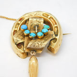 Victorian 9ct Yellow Gold, Turquoise Horseshoe Etruscan Style Brooch Antique c1860