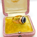 Georgian 12ct Gold Bulls Eye Agate Mourning Ring 'Charles Williams Ob. 1799, Aged 84' Antique