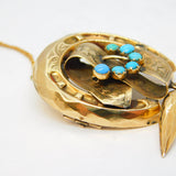 Victorian 9ct Yellow Gold, Turquoise Horseshoe Etruscan Style Brooch Antique c1860