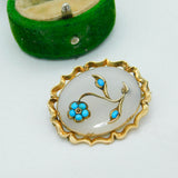 Victorian 9ct Gold, Turquoise, Seed Pearl & Chalcedony Floral Brooch Antique c1860
