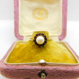 9ct Yellow Gold, Pearl & Garnet Flanked Floral Cluster Ring Vintage c1970
