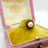 9ct Yellow Gold, Pearl & Garnet Flanked Floral Cluster Ring Vintage c1970
